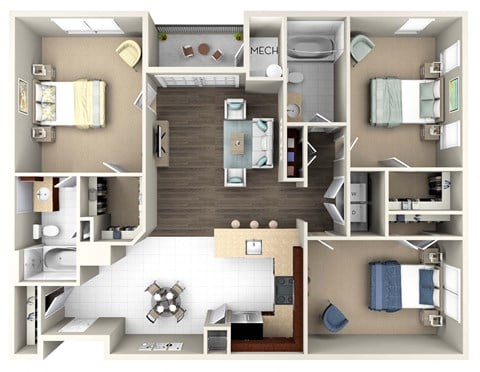 Floor plan for 3 beds, 2 baths, 1217 sqft